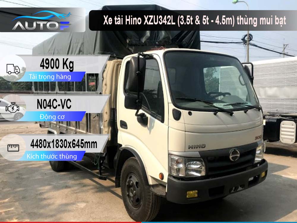 Xe tải Hino XZU342L (3.5t & 5t - dài 4.5m) thùng mui bạt